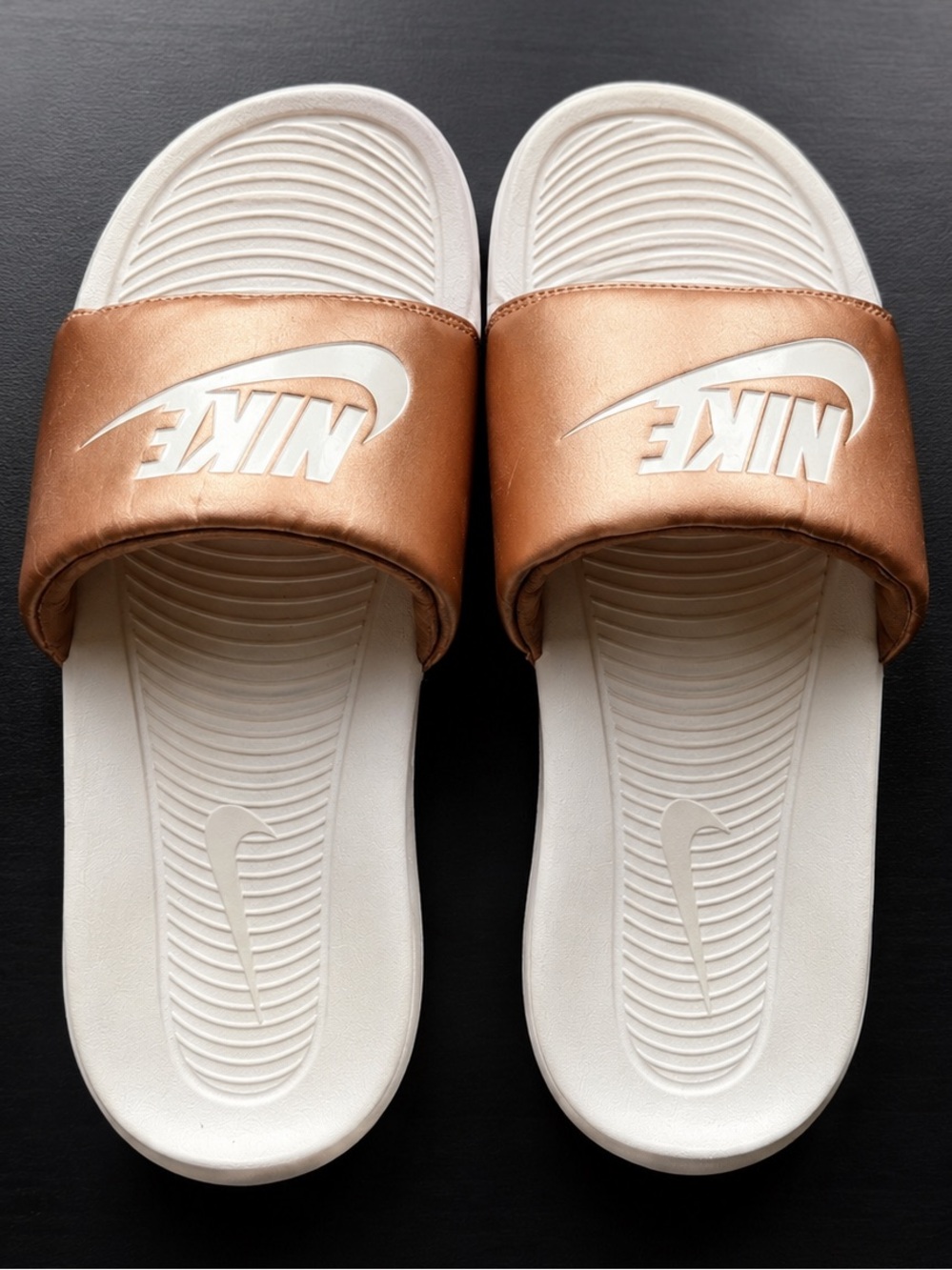 Nike Slides in Metallic Rose Gold and White